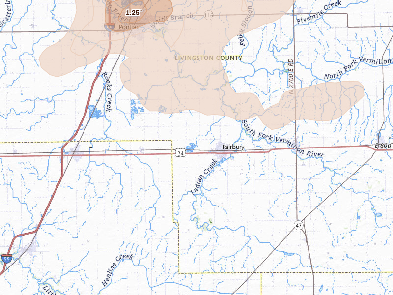 Radar-estimated hail-size map of the storm over Fairbury, IL on Jun 5, 2026