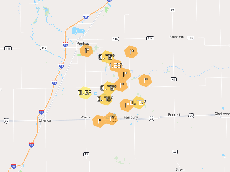 Hail map of Fairbury, IL on Jun 6, 2026, hail up to 1.25"