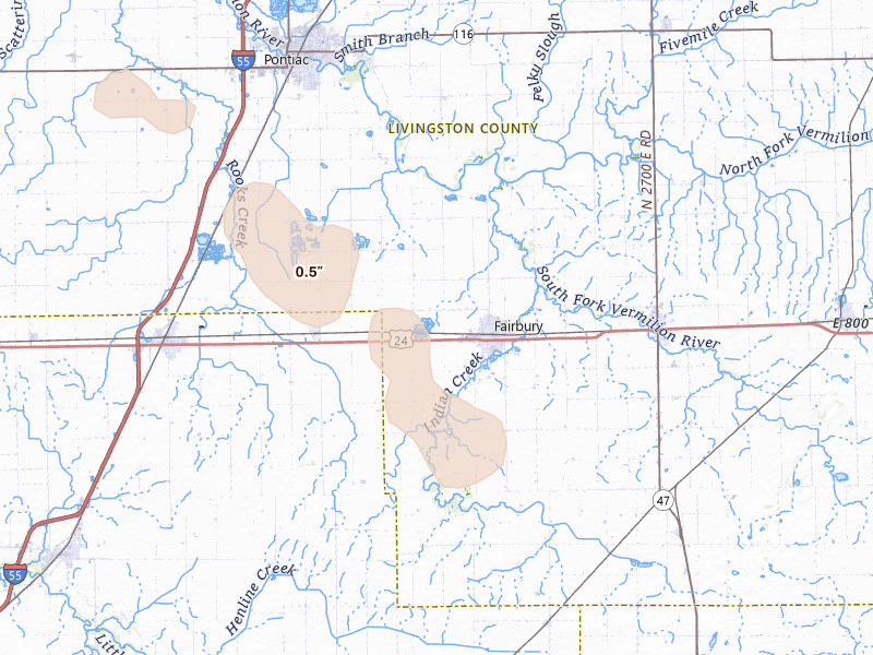 Radar-estimated hail-size map of the storm over Fairbury, IL on Jun 24, 2026