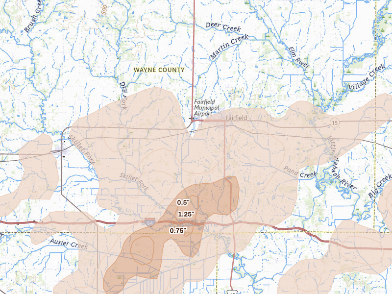 Radar-estimated hail-size map of the storm over Fairfield, IL on Apr 27, 2026