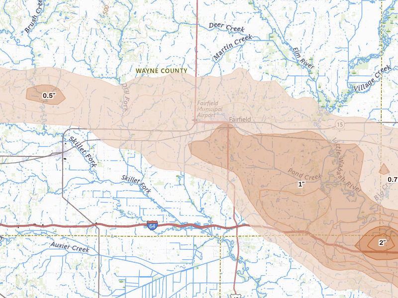 Radar-estimated hail-size map of the storm over Fairfield, IL on May 16, 2026