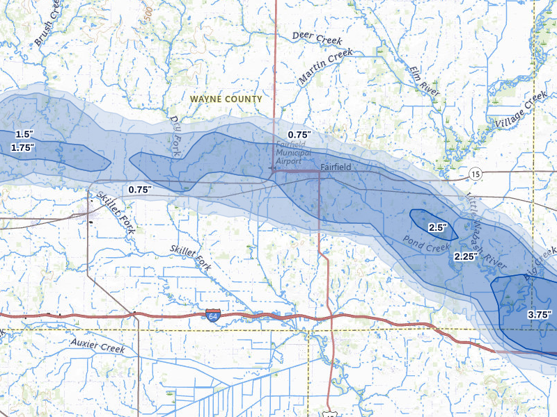 NEXRAD radar-signature map of the hail storm over Fairfield, IL on May 16, 2026