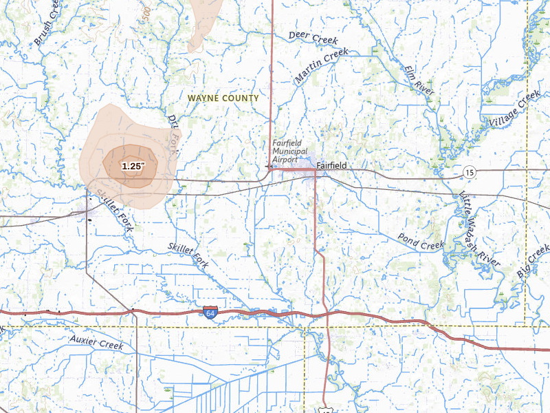 Radar-estimated hail-size map of the storm over Fairfield, IL on Jul 3, 2026