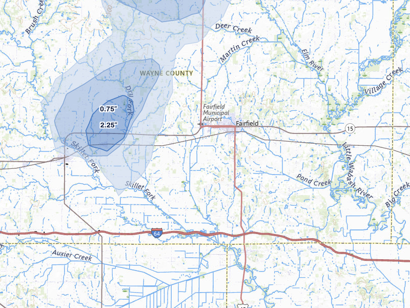 NEXRAD radar-signature map of the hail storm over Fairfield, IL on Jul 3, 2026