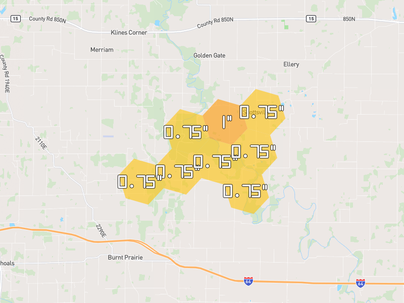 Hail map of Fairfield, IL on Jul 4, 2026, hail up to 1"