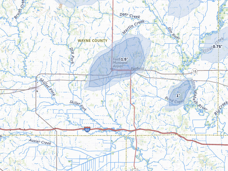 NEXRAD radar-signature map of the hail storm over Fairfield, IL on Jul 8, 2026