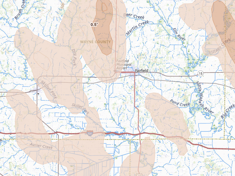 Radar-estimated hail-size map of the storm over Fairfield, IL on Jul 26, 2026