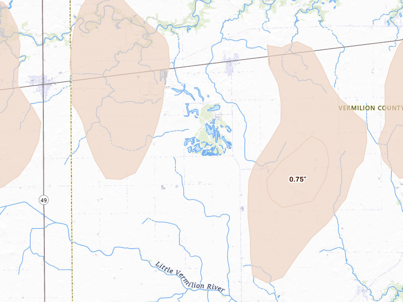 Radar-estimated hail-size map of the storm over Fairmount, IL on Apr 27, 2026