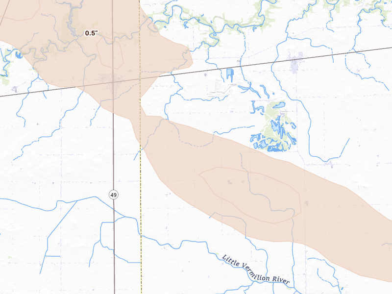 Radar-estimated hail-size map of the storm over Fairmount, IL on Aug 26, 2026