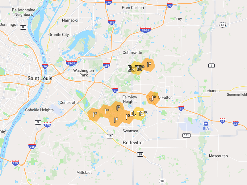 Hail map of Fairview Heights, IL on Jun 1, 2026, hail up to 1"