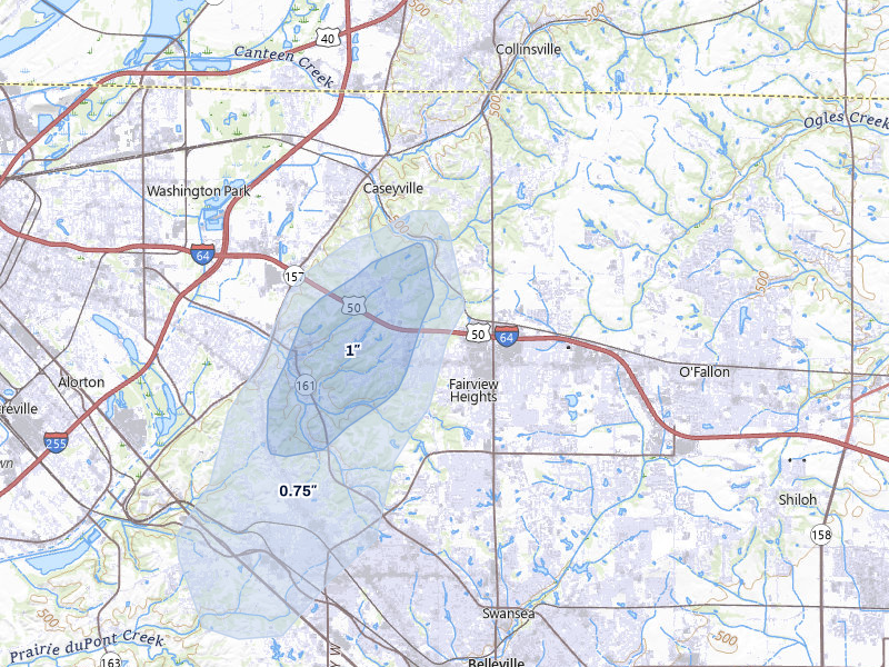 NEXRAD radar-signature map of the hail storm over Fairview Heights, IL on Jul 3, 2026