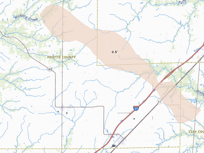 Radar-estimated hail-size map of the storm over Farina, IL on May 3, 2026