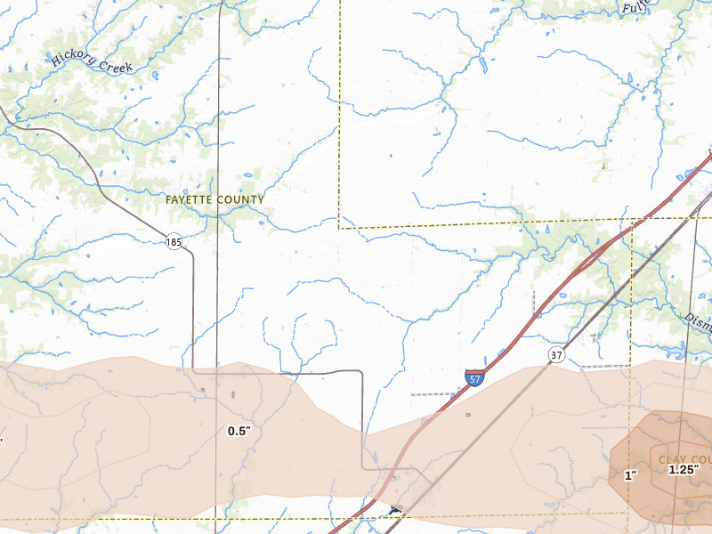 Radar-estimated hail-size map of the storm over Farina, IL on May 4, 2026