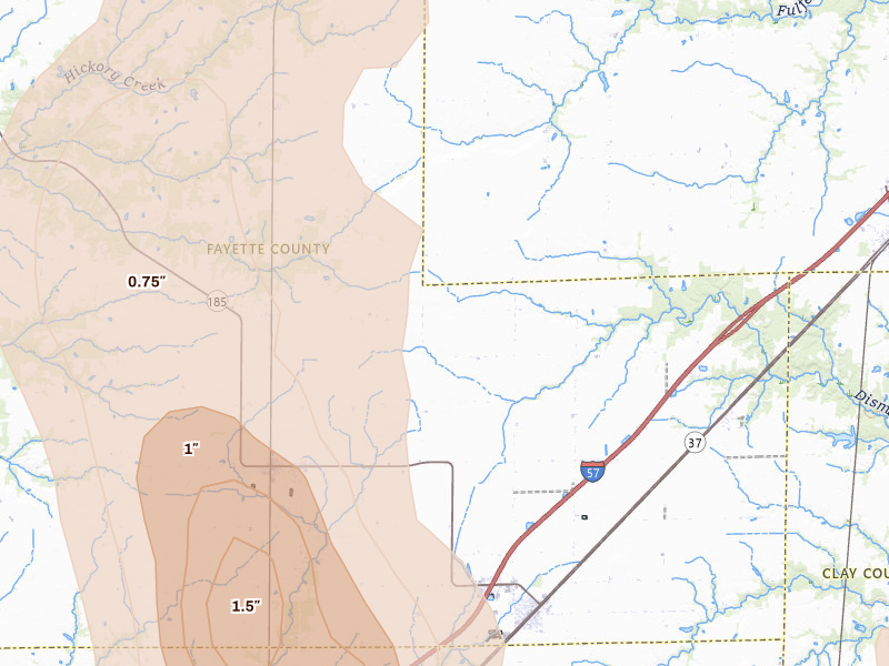 Radar-estimated hail-size map of the storm over Farina, IL on Jul 26, 2026