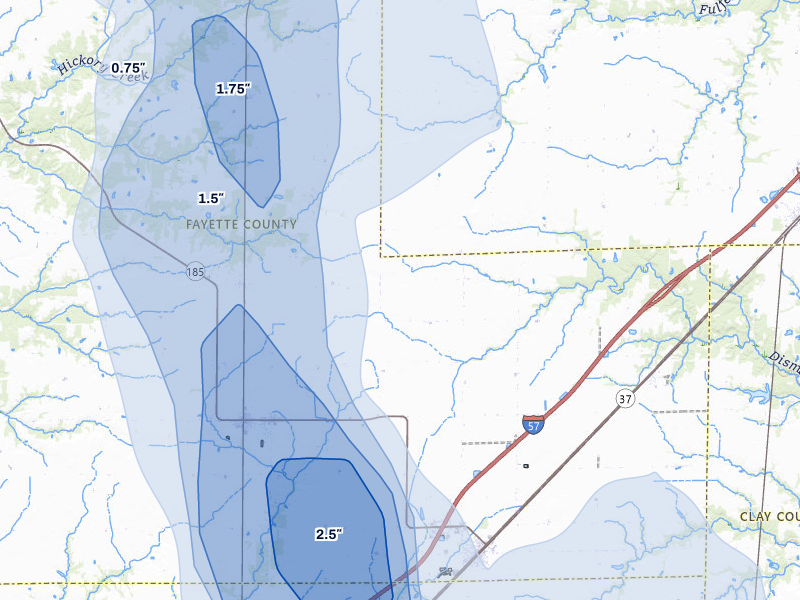 NEXRAD radar-signature map of the hail storm over Farina, IL on Jul 26, 2026