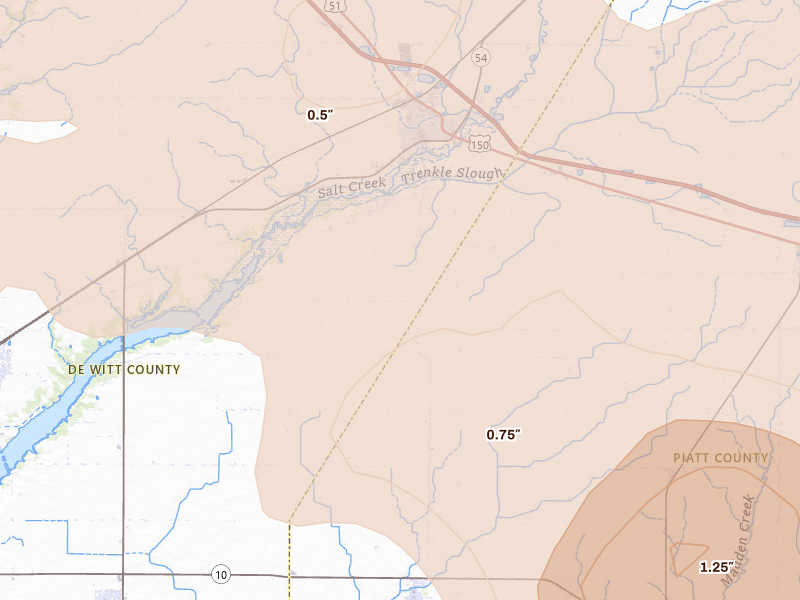 Radar-estimated hail-size map of the storm over Farmer City, IL on Aug 11, 2026