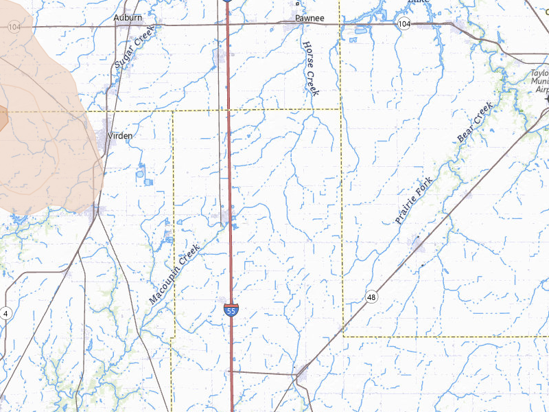 Radar-estimated hail-size map of the storm over Farmersville, IL on May 4, 2026