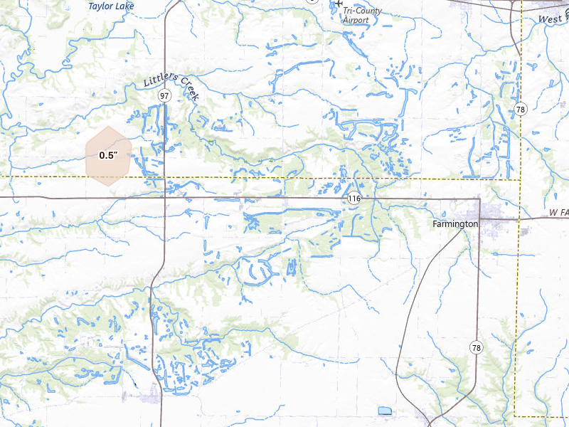 Radar-estimated hail-size map of the storm over Farmington, IL on Mar 31, 2026