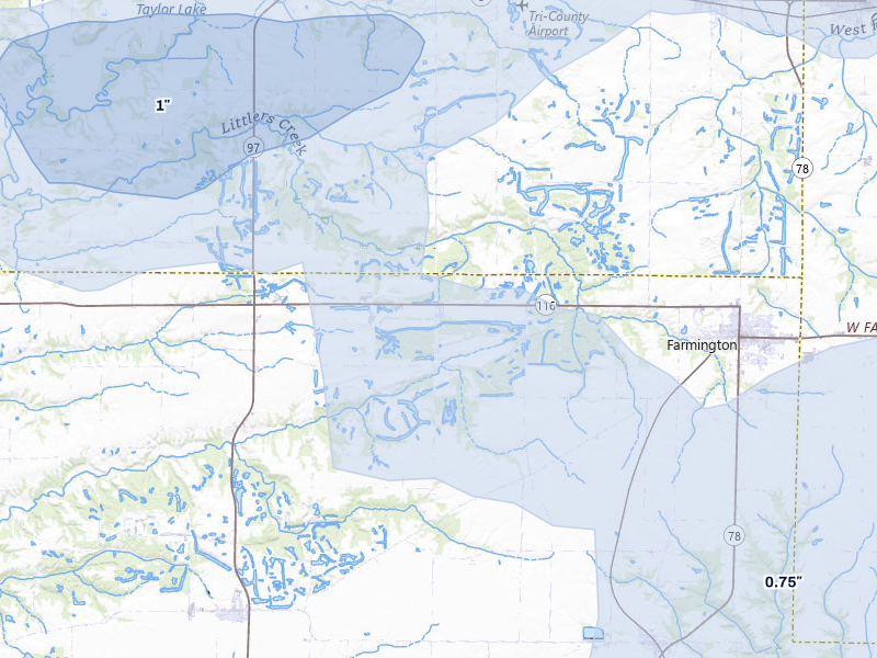 NEXRAD radar-signature map of the hail over Farmington, IL