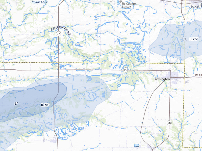NEXRAD radar-signature map of the hail storm over Farmington, IL on Apr 2, 2026