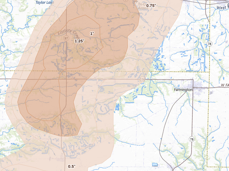 Radar-estimated hail-size map of the storm over Farmington, IL on Apr 17, 2026