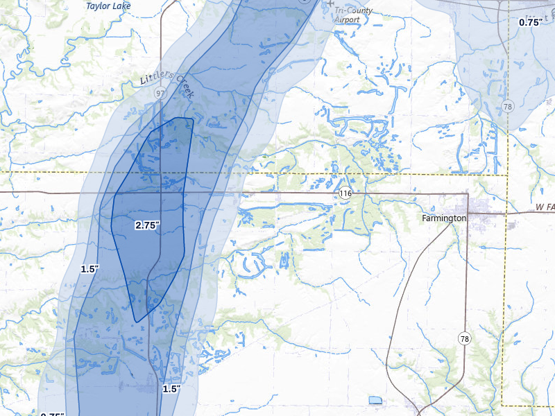 NEXRAD radar-signature map of the hail over Farmington, IL