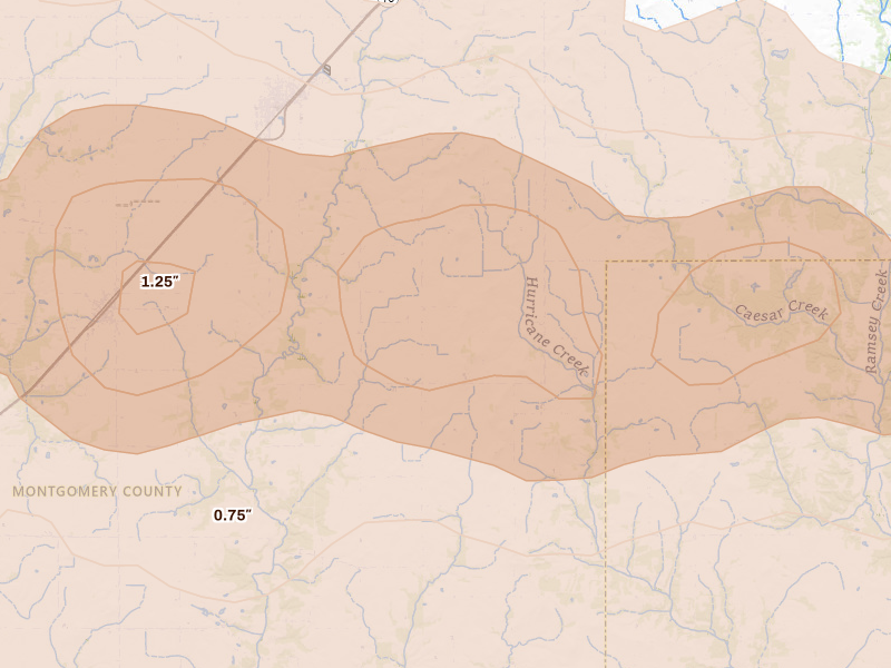 Radar-estimated hail-size map of the storm over Fillmore, IL on Apr 27, 2026
