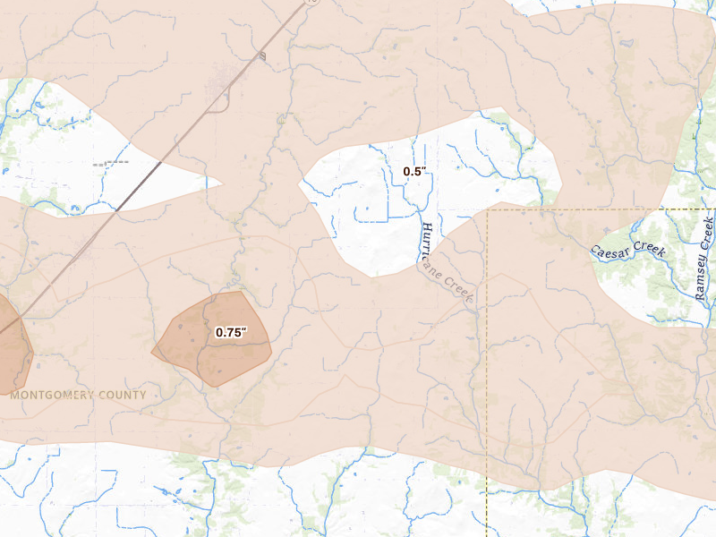 Radar-estimated hail-size map of the storm over Fillmore, IL on Jun 17, 2026