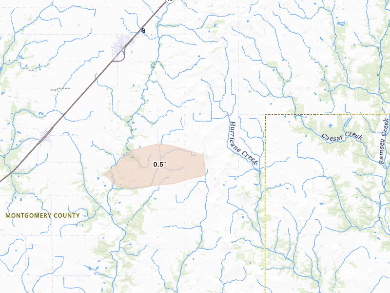 Radar-estimated hail-size map of the storm over Fillmore, IL on Aug 13, 2026