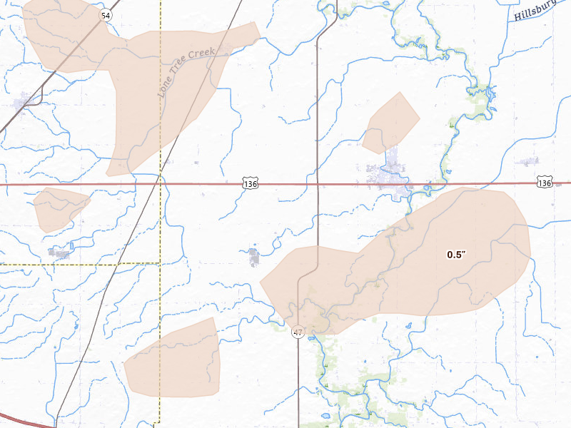 Radar-estimated hail-size map of the storm over Fisher, IL on Aug 13, 2026