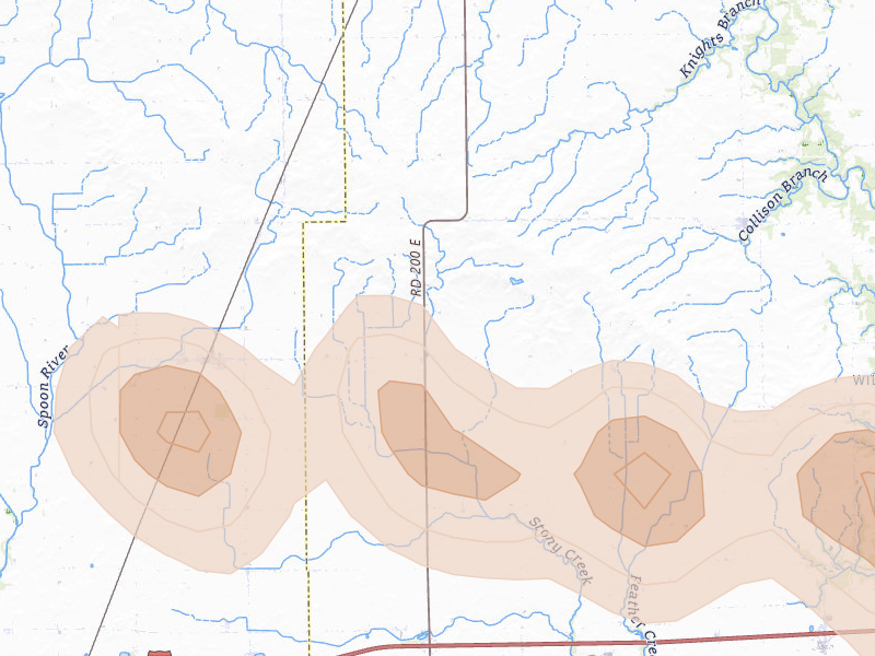 Radar-estimated hail-size map of the storm over Fithian, IL on Mar 26, 2026