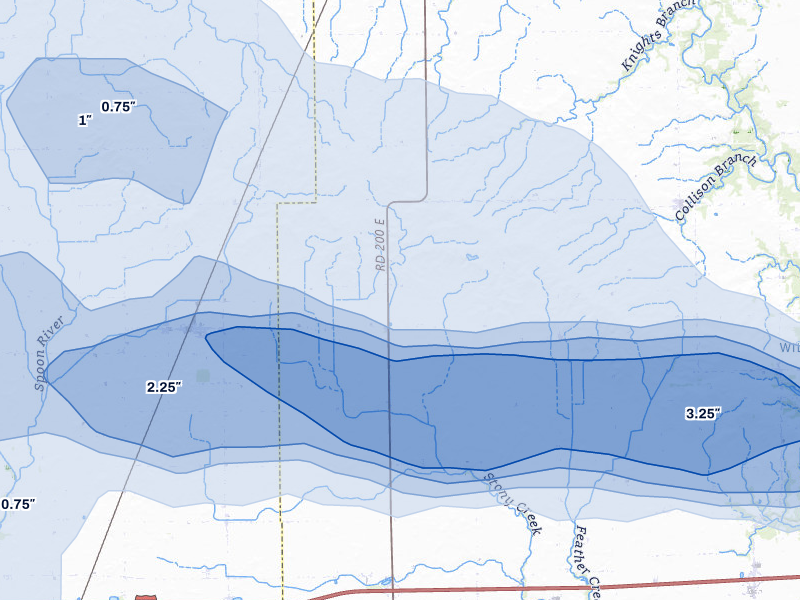 NEXRAD radar-signature map of the hail over Fithian, IL