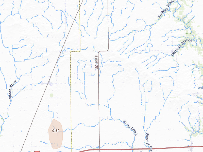 Radar-estimated hail-size map of the storm over Fithian, IL on Jul 27, 2026