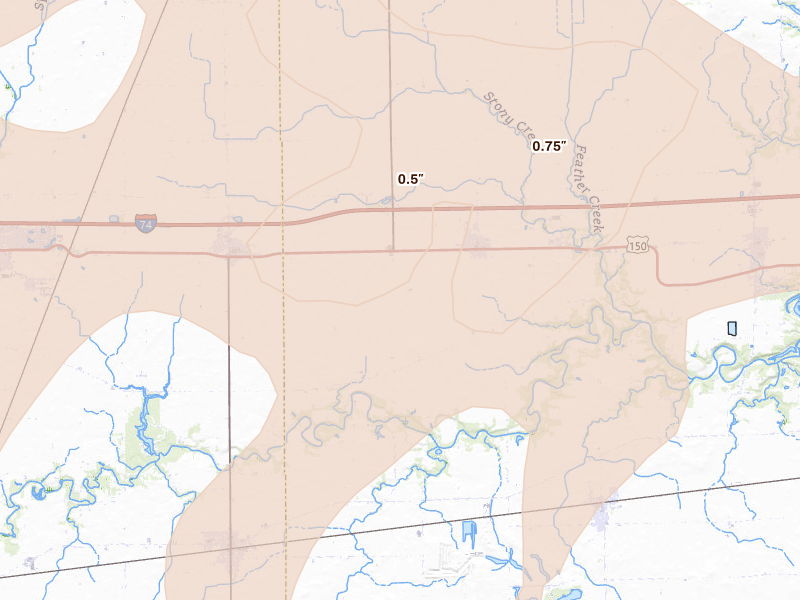 Radar-estimated hail-size map of the storm over Fithian, IL on Aug 11, 2026