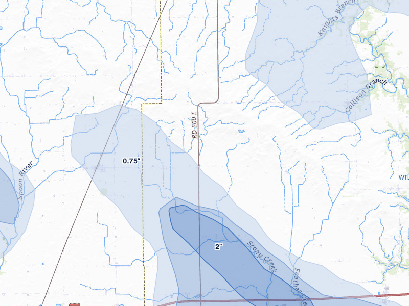 NEXRAD radar-signature map of the hail storm over Fithian, IL on Aug 11, 2026
