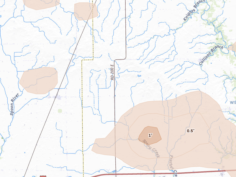 Radar-estimated hail-size map of the storm over Fithian, IL on Aug 13, 2026