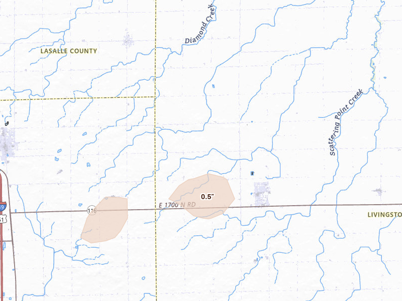 Radar-estimated hail-size map of the storm over Flanagan, IL on Jun 6, 2026