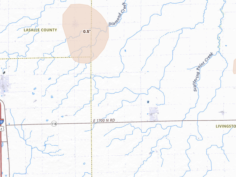 Radar-estimated hail-size map of the storm over Flanagan, IL on Jul 4, 2026