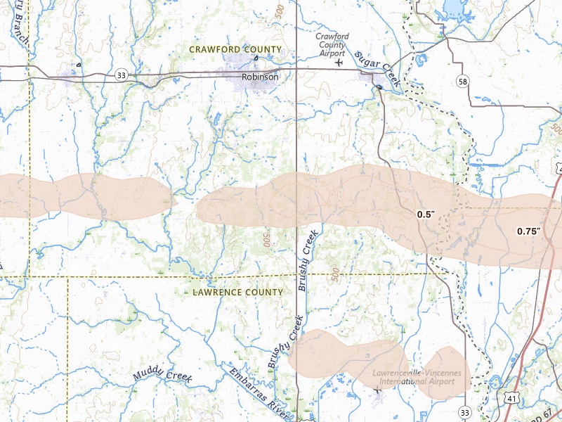 Radar-estimated hail-size map of the storm over Flat Rock, IL on Mar 4, 2026