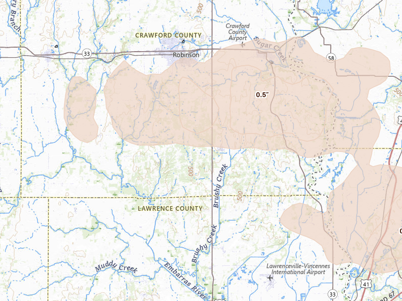 Radar-estimated hail-size map of the storm over Flat Rock, IL on Mar 22, 2026
