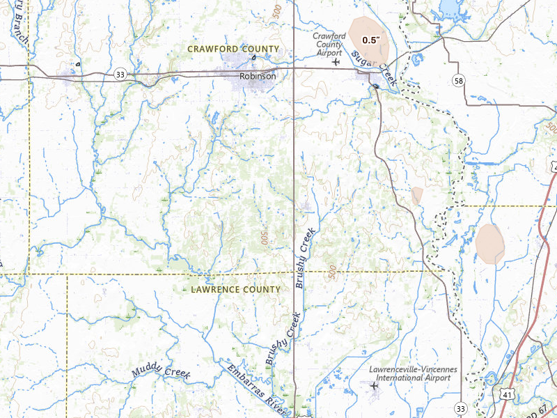 Radar-estimated hail-size map of the storm over Flat Rock, IL on Jul 26, 2026