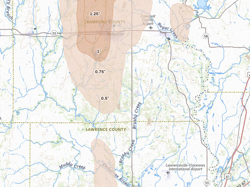 Radar-estimated hail-size map of the storm over Flat Rock, IL on Jul 27, 2026