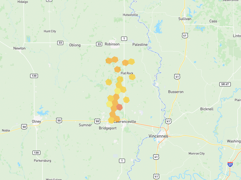 Hail map of Flat Rock, IL on Jul 28, 2026, hail up to 1.5"