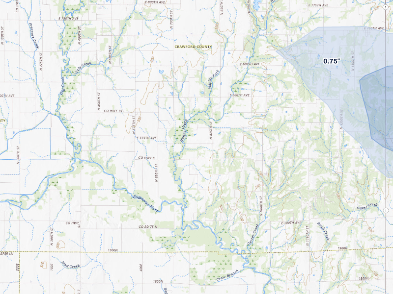 NEXRAD radar-signature map of the hail storm over Flat Rock, IL on Aug 12, 2026