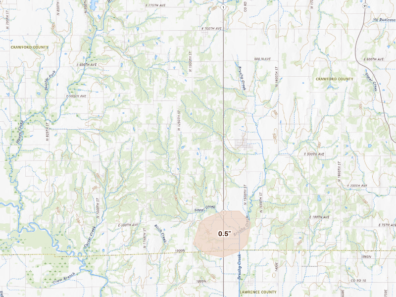 Radar-estimated hail-size map of the storm over Flat Rock, IL on Sep 16, 2026