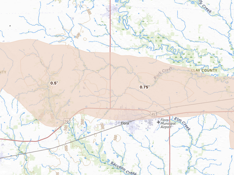Radar-estimated hail-size map of the storm over Flora, IL on Mar 22, 2026