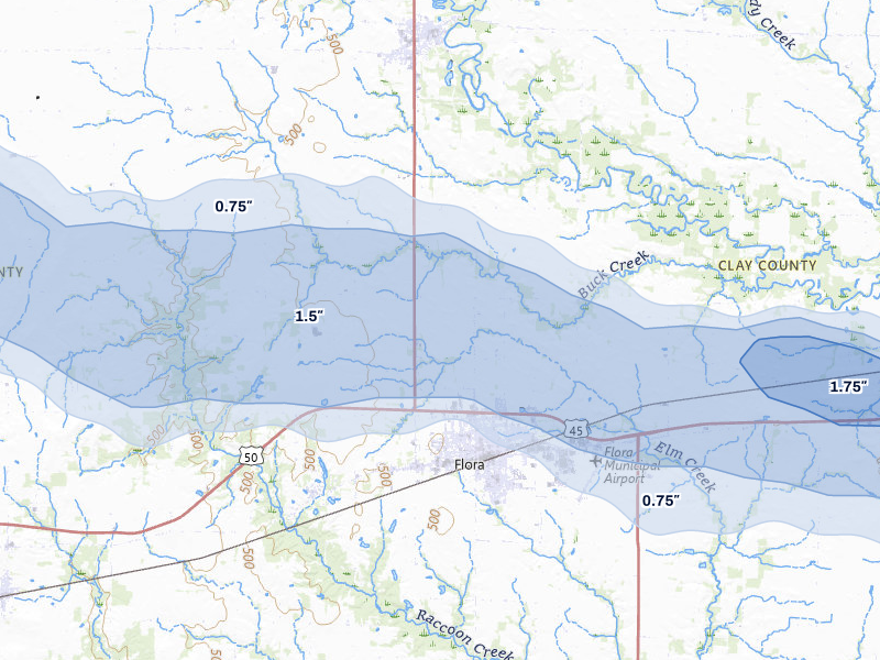 NEXRAD radar-signature map of the hail storm over Flora, IL on Mar 22, 2026