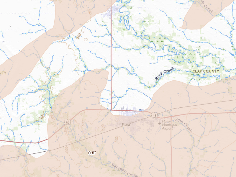 Radar-estimated hail-size map of the storm over Flora, IL on Apr 27, 2026
