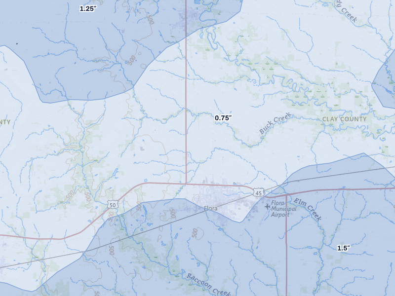 NEXRAD radar-signature map of the hail over Flora, IL