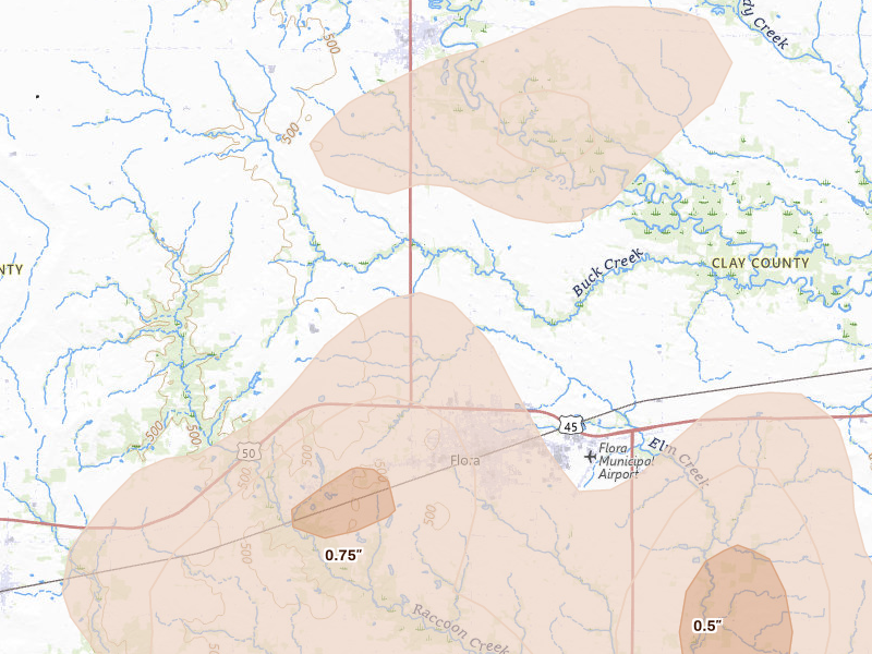 Radar-estimated hail-size map of the storm over Flora, IL on Jul 3, 2026